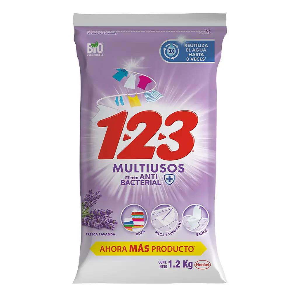 Detergente en polvo 1-2-3 fresca lavanda 1.2 Kg